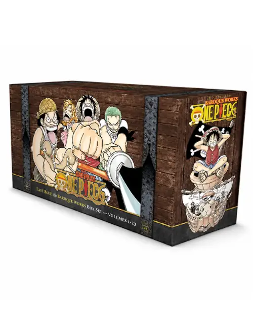 One Piece: East Blue and Baroque Works Box Set (Volumes 1–23) featuring a wooden treasure chest-style collector's box with Straw Hat Pirates artwork, displayed at an angled view on a white background.