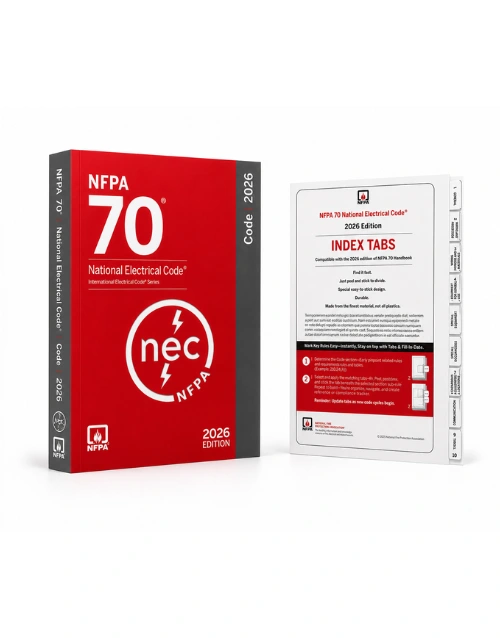 NFPA 70 NEC 2026 paperback with color-coded index tabs